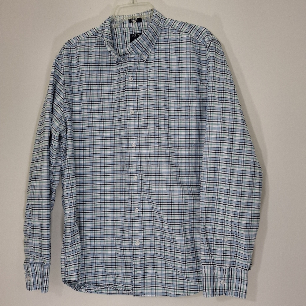 J. Crew Flex Oxford Slim Blue, White, and Green Plaid Shirt, Size XL